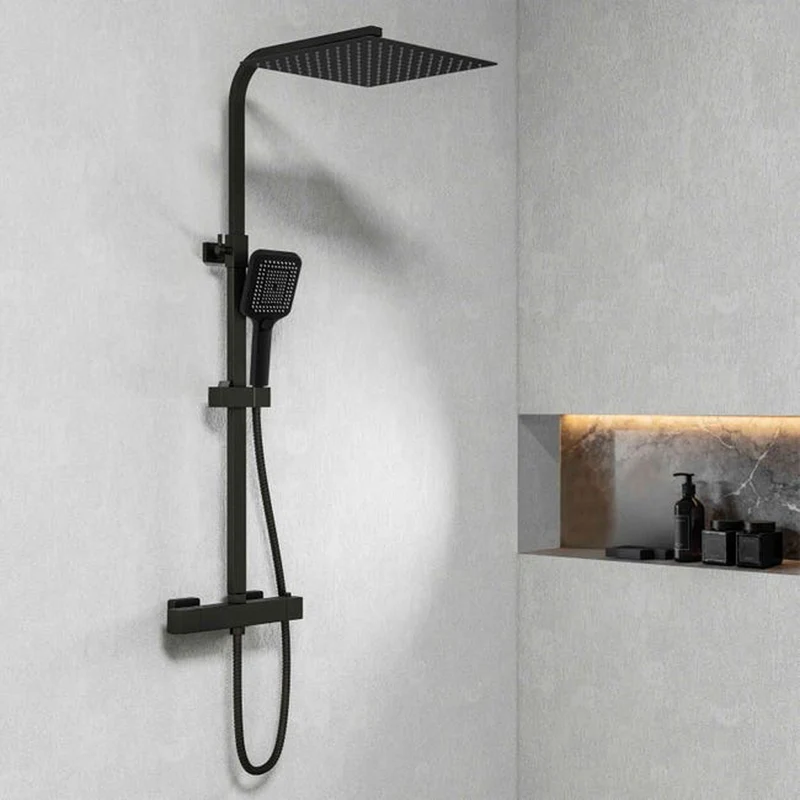 Colonne de Douche AICA Thermostatique 38°C Noir avec Pomme haute 30cm+Douchette 3 Jets Hauteur Réglable 73-115 cm Laiton & Acier Inox