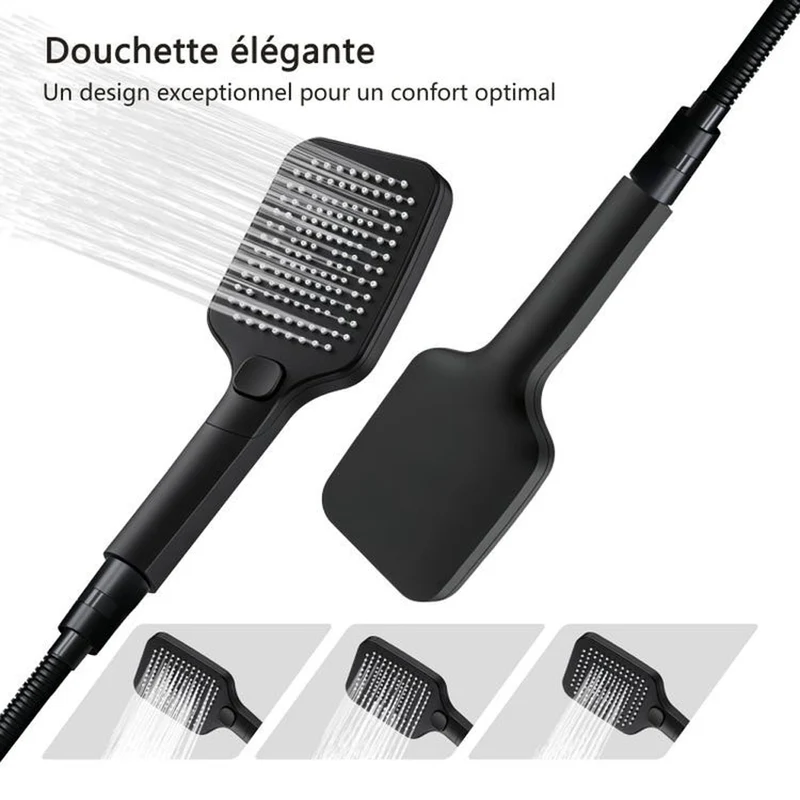 Colonne de Douche AICA Thermostatique 38°C Noir avec Pomme haute 30cm+Douchette 3 Jets Hauteur Réglable 73-115 cm Laiton & Acier Inox