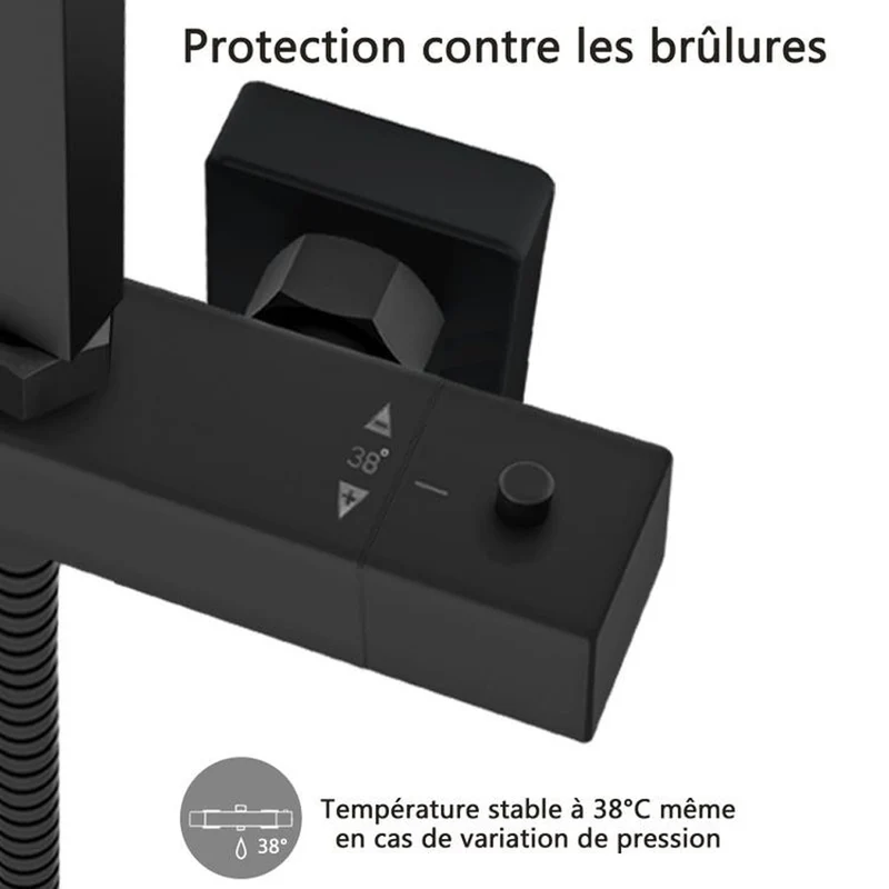 Colonne de Douche AICA Thermostatique 38°C Noir avec Pomme haute 30cm+Douchette 3 Jets Hauteur Réglable 73-115 cm Laiton & Acier Inox