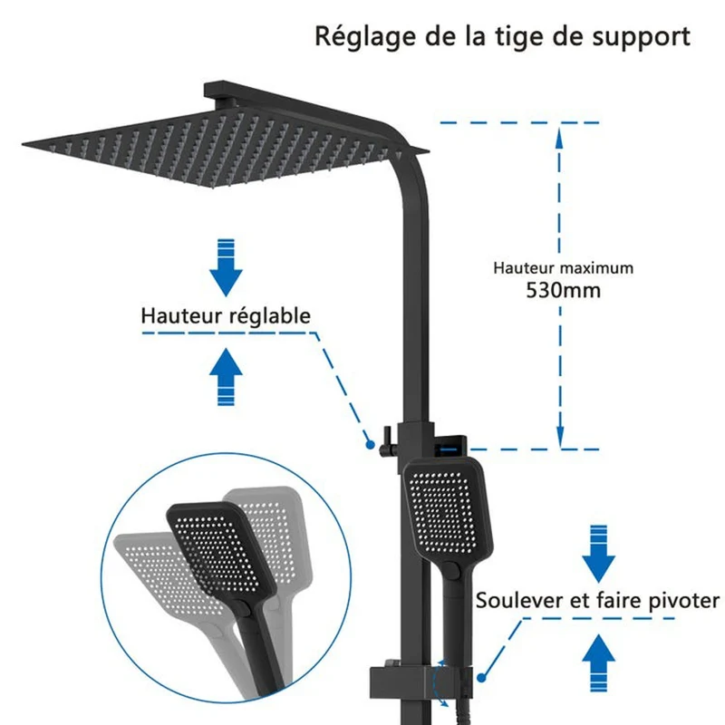 Colonne de Douche AICA Thermostatique 38°C Noir avec Pomme haute 30cm+Douchette 3 Jets Hauteur Réglable 73-115 cm Laiton & Acier Inox