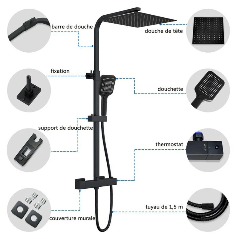 Colonne de Douche AICA Thermostatique 38°C Noir avec Pomme haute 30cm+Douchette 3 Jets Hauteur Réglable 73-115 cm Laiton & Acier Inox