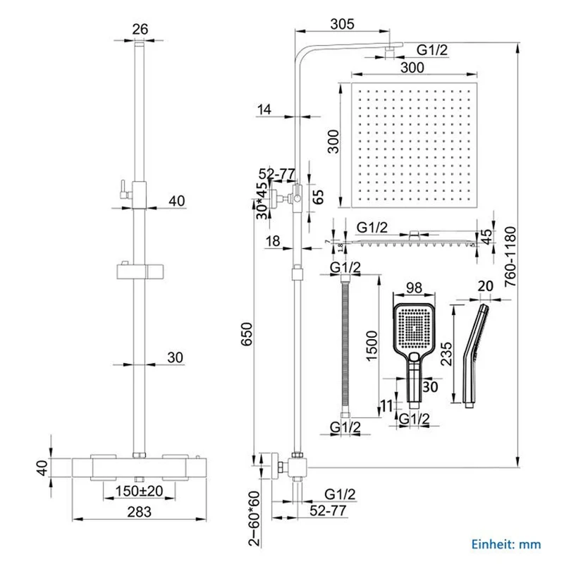Colonne de Douche AICA Thermostatique 38°C Noir avec Pomme haute 30cm+Douchette 3 Jets Hauteur Réglable 73-115 cm Laiton & Acier Inox