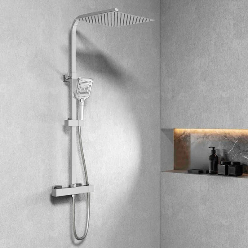 Colonne de Douche AICA Thermostatique 38°C Ensemble de Douche avec Pomme haute 30cm+Douchette 3 Jets Hauteur Réglable 73-115 cm Laiton & Acier Inox