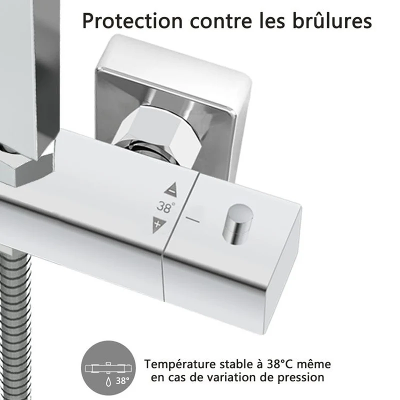Colonne de Douche AICA Thermostatique 38°C Ensemble de Douche avec Pomme haute 30cm+Douchette 3 Jets Hauteur Réglable 73-115 cm Laiton & Acier Inox