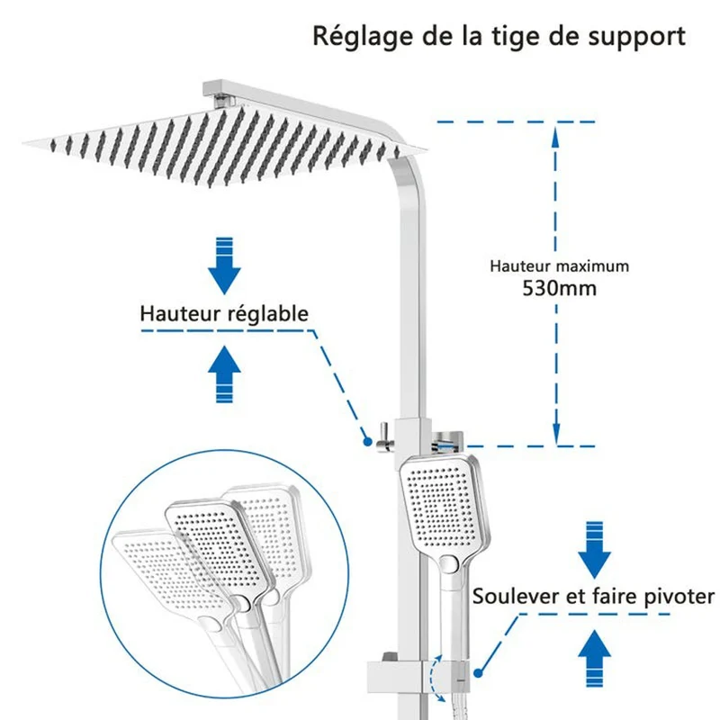 Colonne de Douche AICA Thermostatique 38°C Ensemble de Douche avec Pomme haute 30cm+Douchette 3 Jets Hauteur Réglable 73-115 cm Laiton & Acier Inox