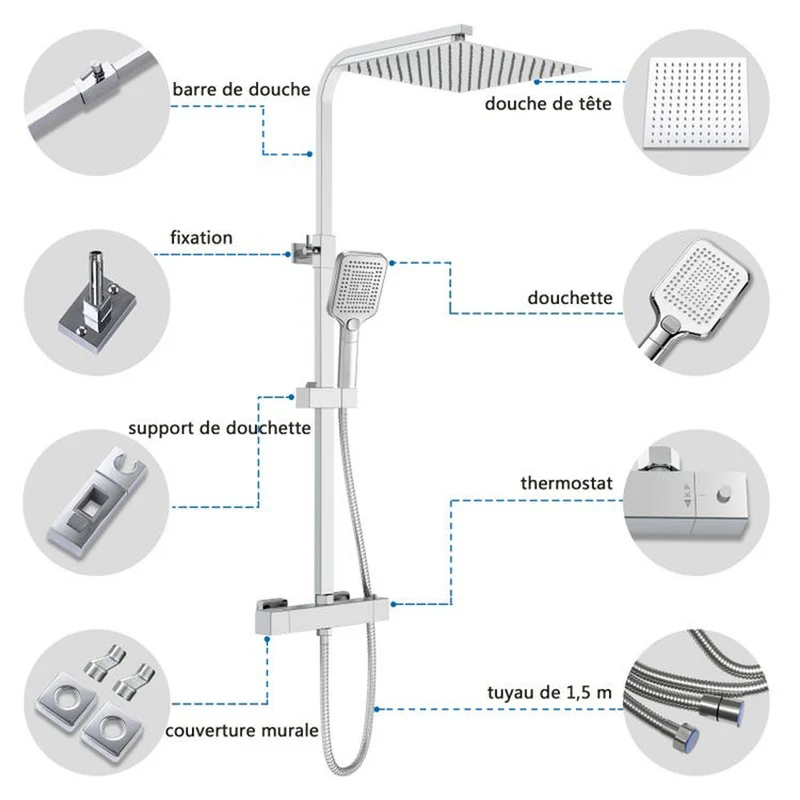Colonne de Douche AICA Thermostatique 38°C Ensemble de Douche avec Pomme haute 30cm+Douchette 3 Jets Hauteur Réglable 73-115 cm Laiton & Acier Inox