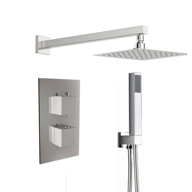 Square Twin Thermostatic Concealed Mixer Shower Kit with Wall Mounted 200mm Shower Head & Handset