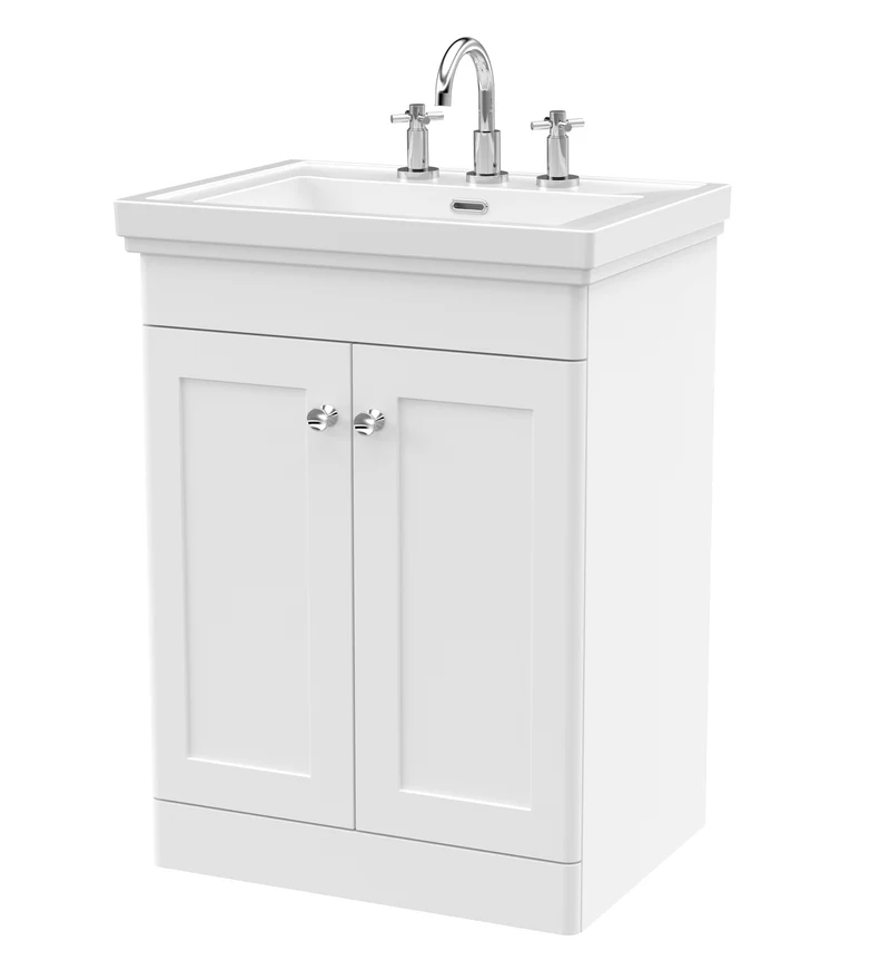 Nuie Classique 600mm Satin White Traditional Floor Standing 2-Door Unit & Basin 3 Tap Holes