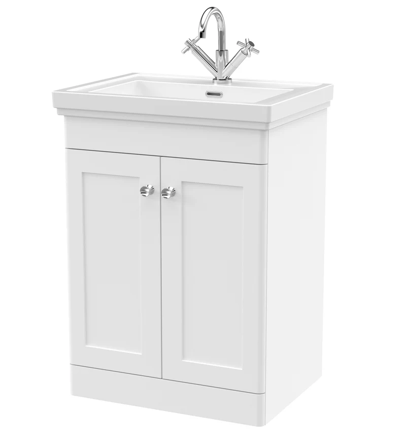 Nuie Classique 600mm Traditional Floor Standing Vanity Unit & Basin - Satin White