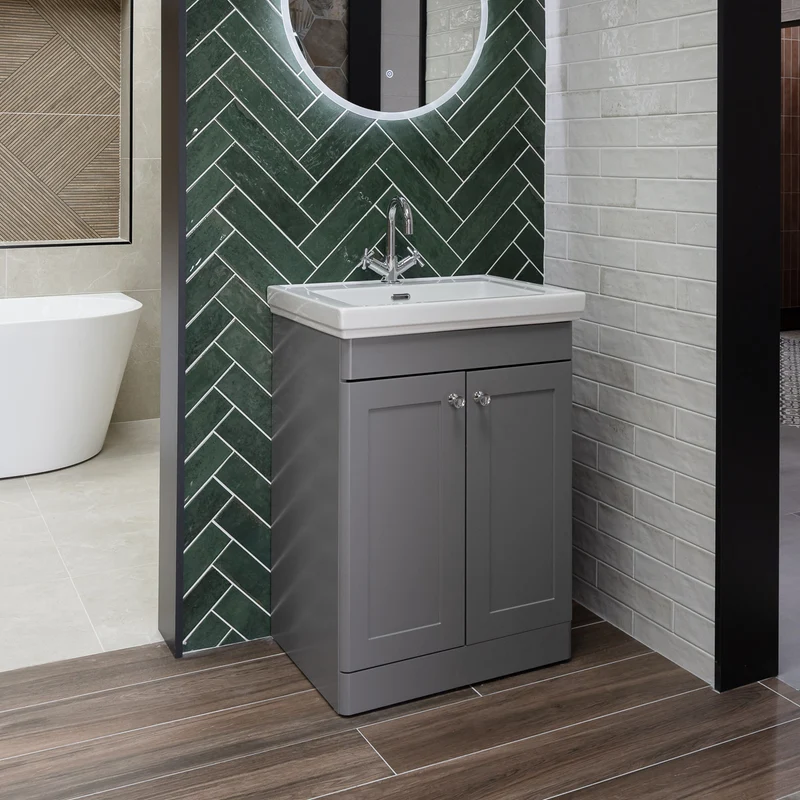 Nuie Classique 600mm Traditional Floor Standing Vanity Unit & Ceramic Basin - Satin Grey