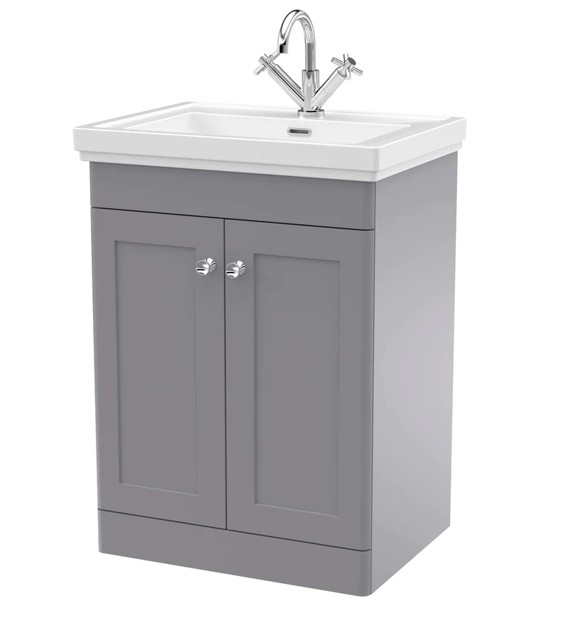 Nuie Classique 600mm Traditional Floor Standing Vanity Unit & Ceramic Basin - Satin Grey