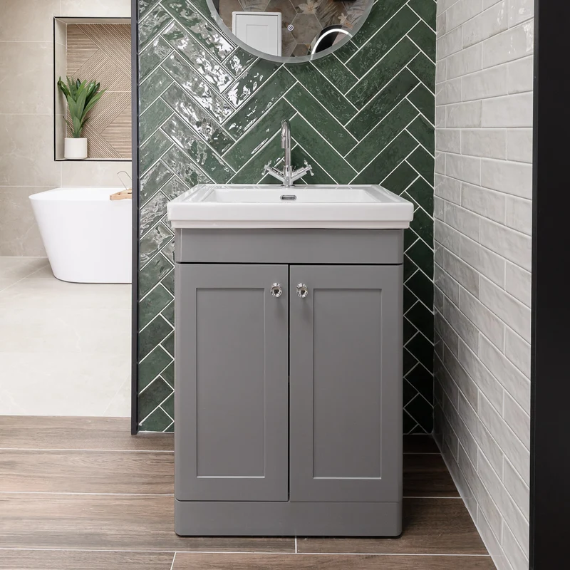 Nuie Classique 600mm Traditional Floor Standing Vanity Unit & Ceramic Basin - Satin Grey