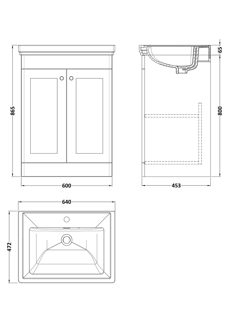 Nuie Classique 600mm Traditional Floor Standing Vanity Unit & Ceramic Basin - Satin Grey