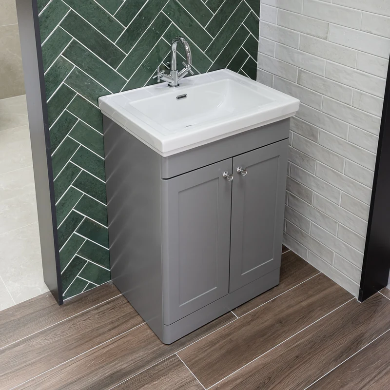 Nuie Classique 600mm Traditional Floor Standing Vanity Unit & Ceramic Basin - Satin Grey