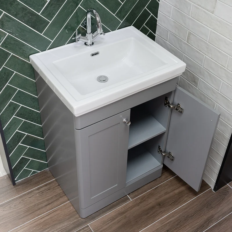 Nuie Classique 600mm Traditional Floor Standing Vanity Unit & Ceramic Basin - Satin Grey