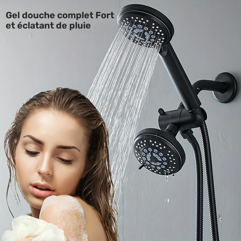 Ensemble de douche deux têtes avec inverseur 3 voies et flexible de 1,47 m
