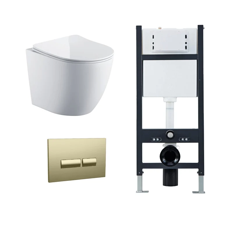 Remo Wall Hung Toilet, Wall Hung Toilet Frame, Concealed Cistern & Brushed Brass Flush Plate