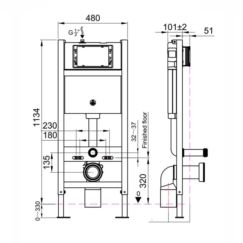Remo Wall Hung Toilet, Wall Hung Toilet Frame, Concealed Cistern & Brushed Brass Flush Plate
