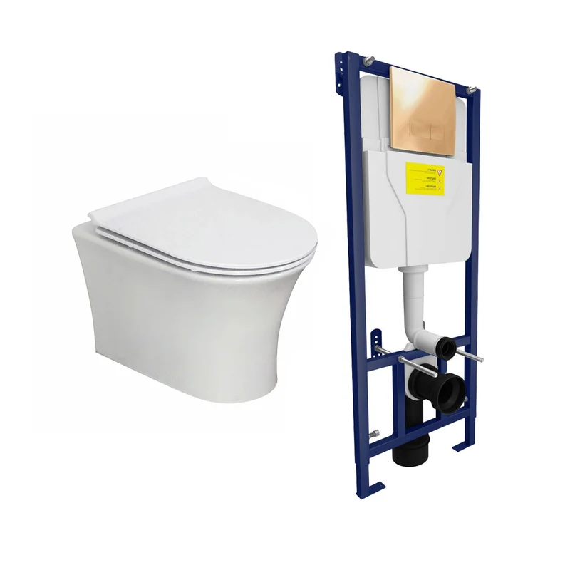 Munich Wall Hung Toilet & SAN85 1.1m Wall Hung WC Frame Deal & Brushed Brass Flush Plate