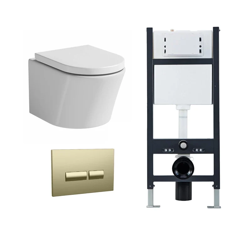 Arc Wall Hung Toilet, Wall Hung Toilet Frame, Concealed Cistern & Brushed Brass Flush Plate