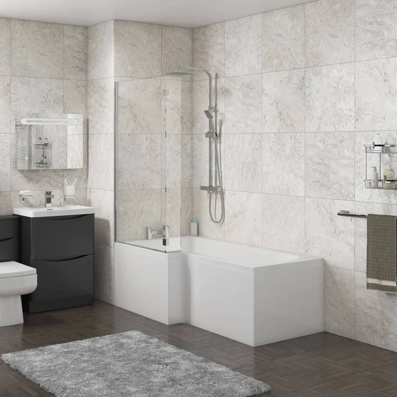 Linea 1500mm L-Shape Shower Bath, Front Panel & Screen - Left Hand