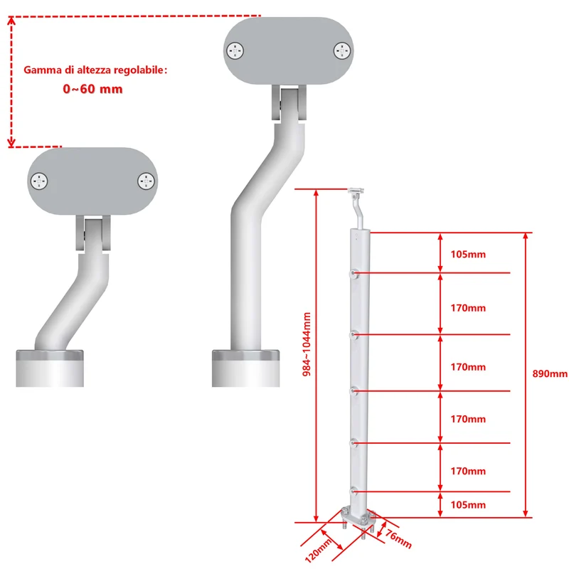 Poteaux en aluminium finition argent mat à fixer au sol, support pour garde-corps aluminium