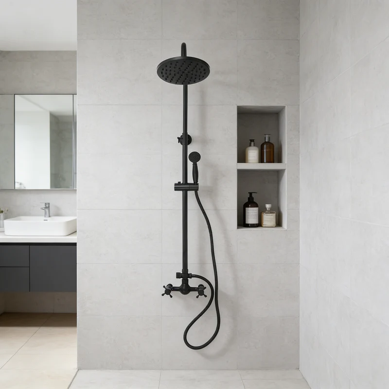 Colonne de douche rétro noire en laiton avec ciel de pluie 20 cm