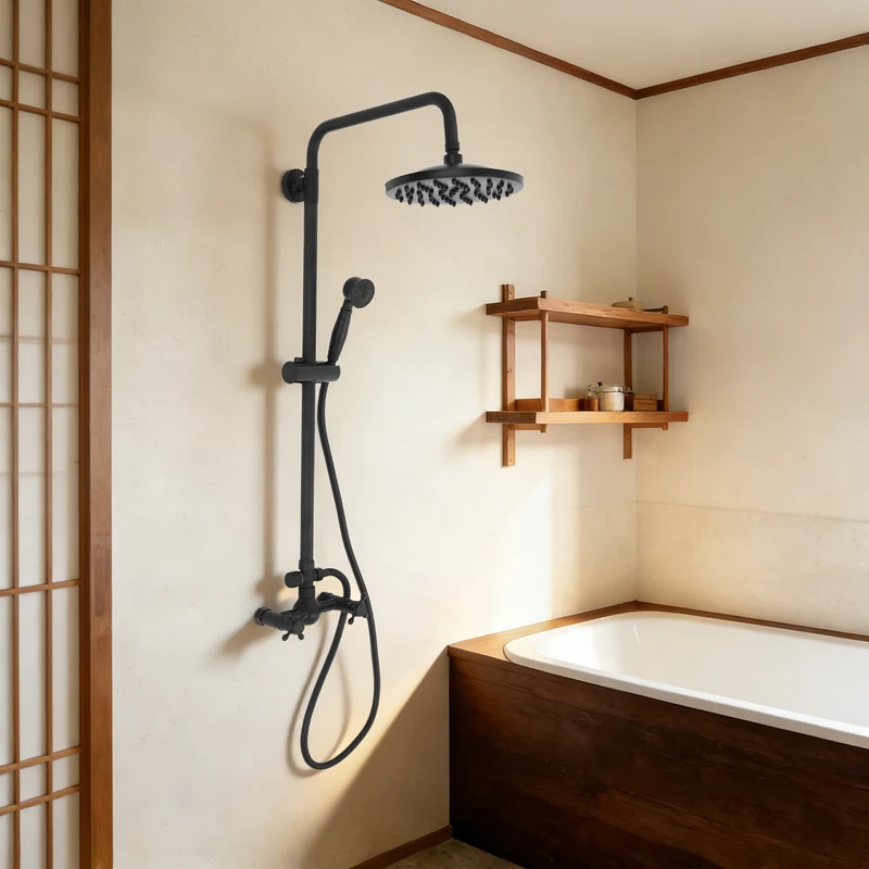 Colonne de douche rétro noire en laiton avec ciel de pluie 20 cm