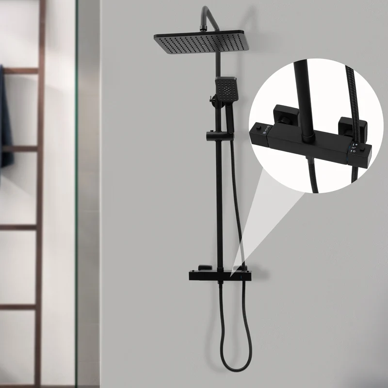 Colonne de douche noire thermostatique avec tablette de 27 cm