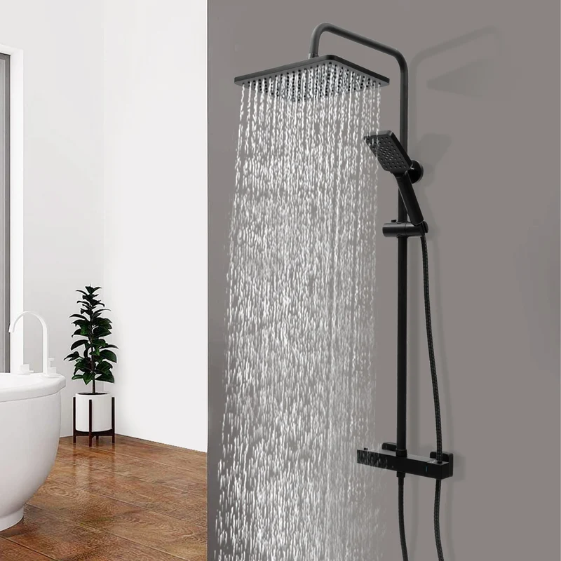 Colonne de douche noire thermostatique avec tablette de 27 cm