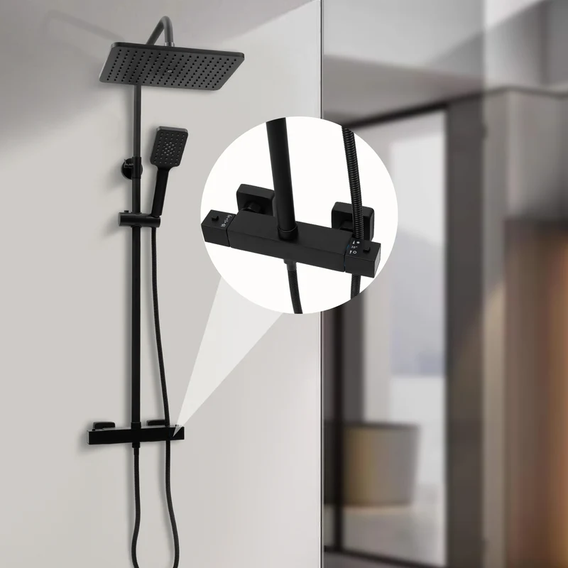 Colonne de douche noire thermostatique avec tablette de 27 cm