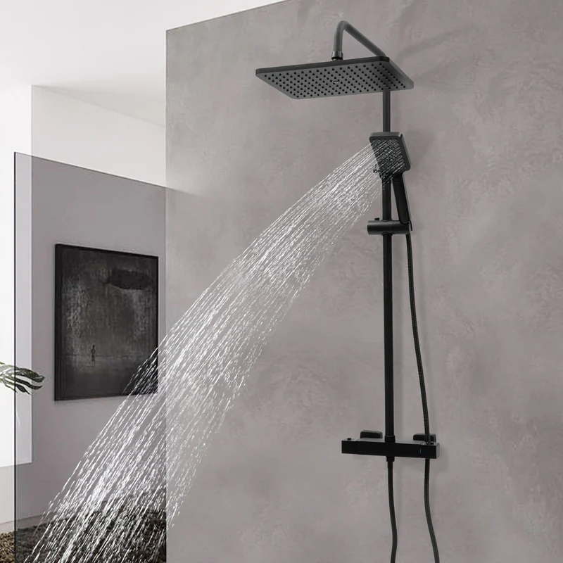 Colonne de douche noire thermostatique avec tablette de 27 cm