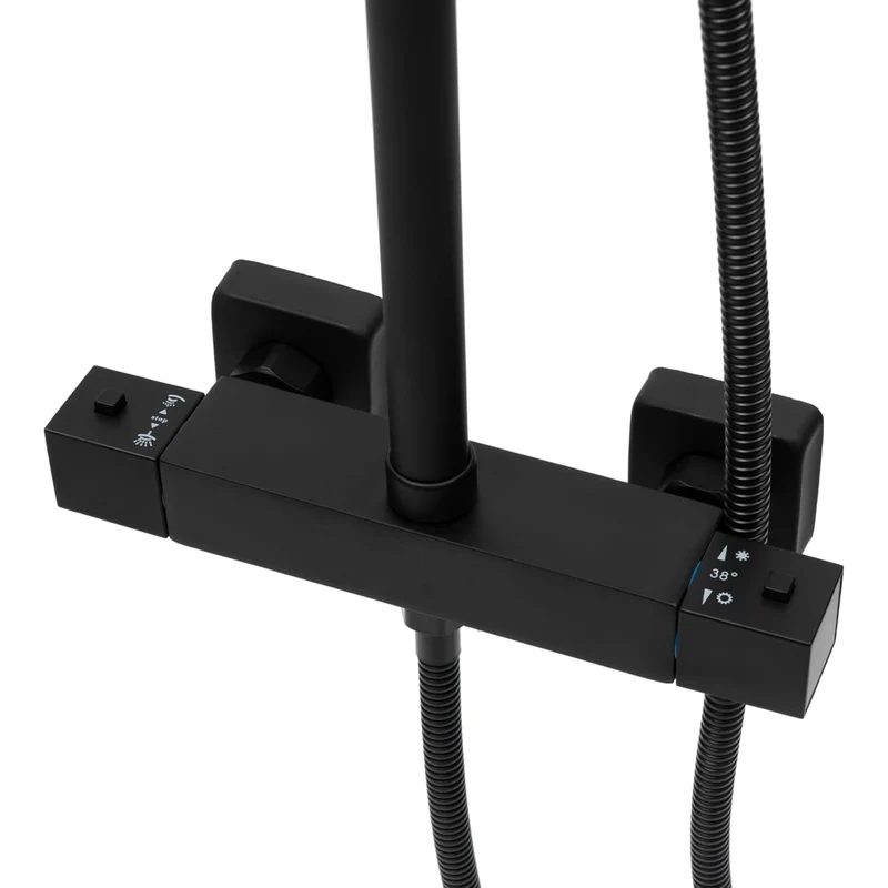 Colonne de douche noire thermostatique avec tablette de 27 cm