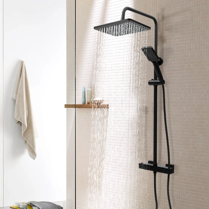 Colonne de douche noire thermostatique avec ciel de pluie carré 30 cm