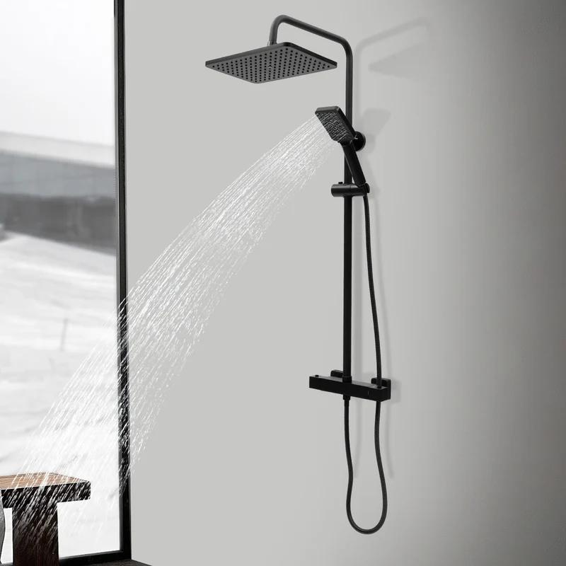 Colonne de douche noire thermostatique avec ciel de pluie carré 30 cm