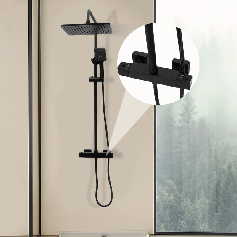 Colonne de douche noire thermostatique avec ciel de pluie carré 30 cm