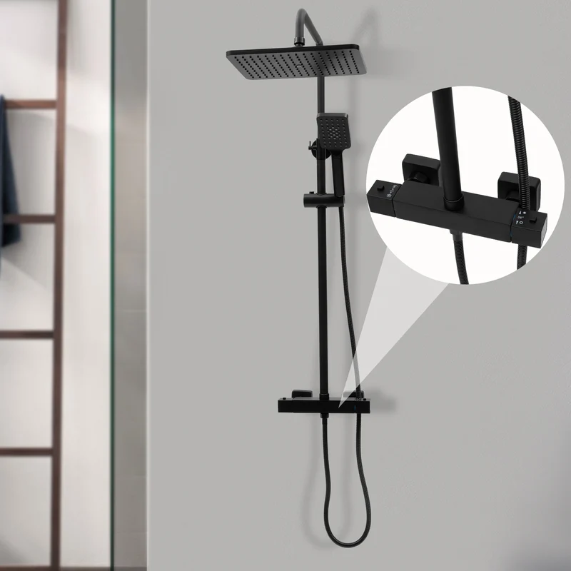 Colonne de douche noire thermostatique avec ciel de pluie carré 30 cm