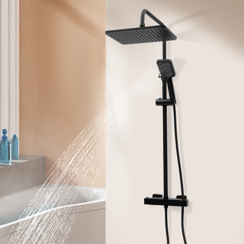 Colonne de douche noire thermostatique avec ciel de pluie carré 30 cm