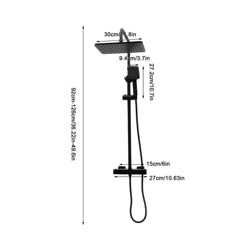 Colonne de douche noire thermostatique avec ciel de pluie carré 30 cm