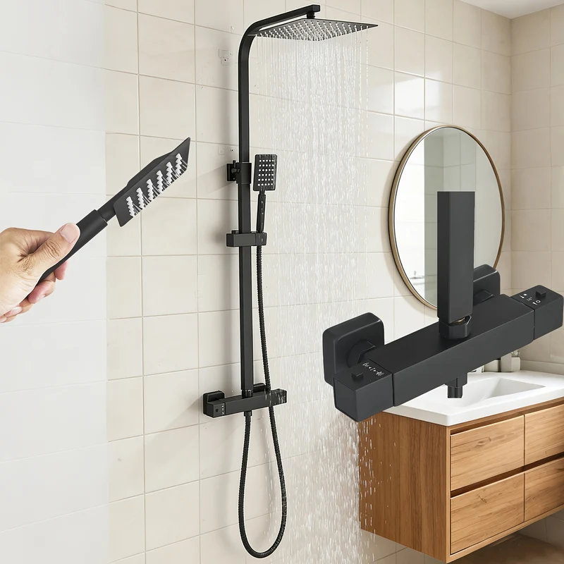 Colonne de douche noire thermostatique avec ciel de pluie 30 x 20 cm