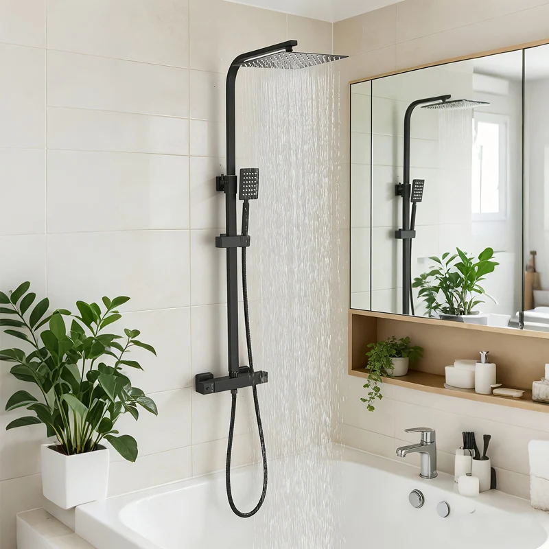 Colonne de douche noire thermostatique avec ciel de pluie 30 x 20 cm