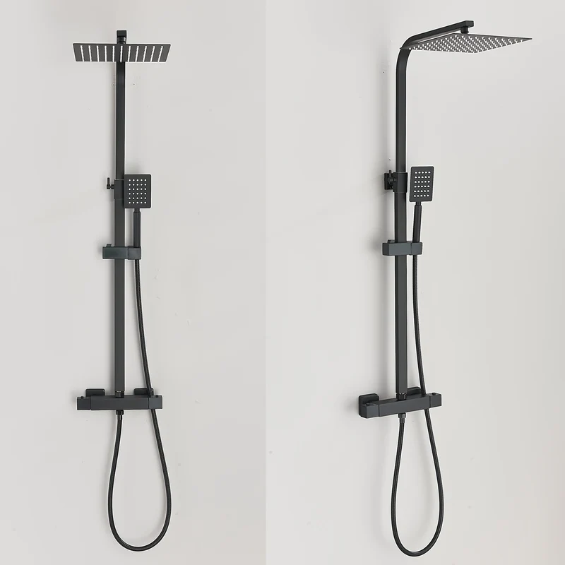 Colonne de douche noire thermostatique avec ciel de pluie 30 x 20 cm
