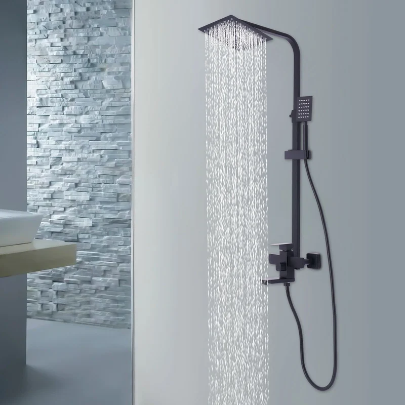 Colonne de douche noire carrée avec mitigeur et ciel de pluie