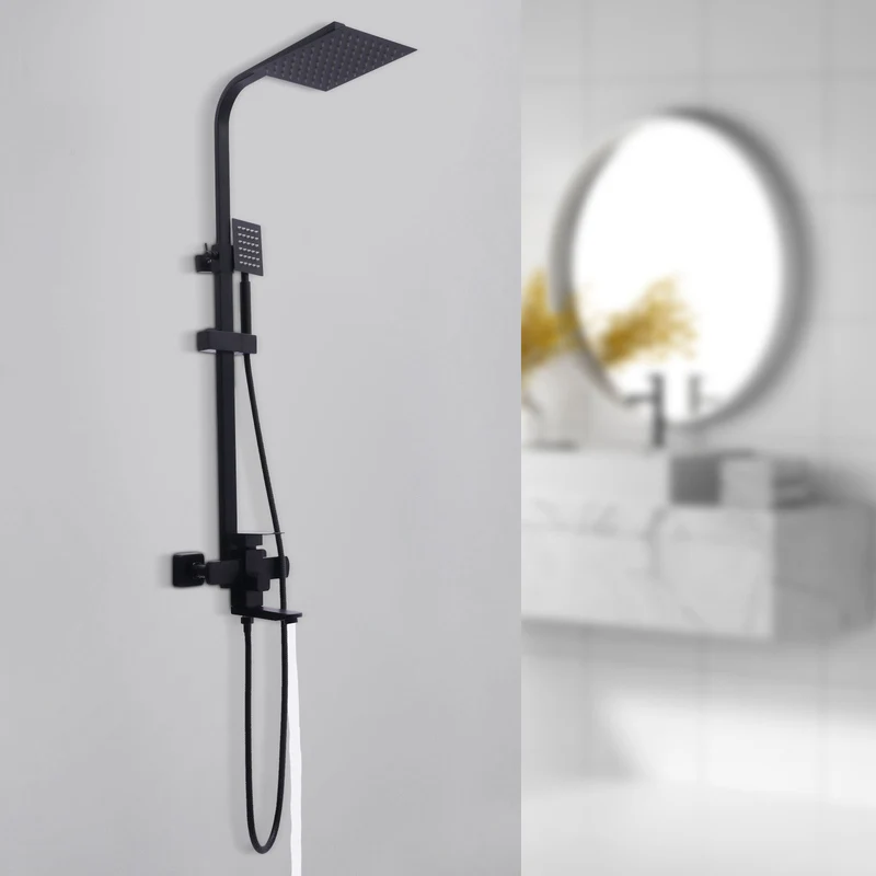 Colonne de douche noire carrée avec mitigeur et ciel de pluie