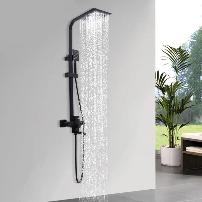 Colonne de douche noire carrée avec mitigeur et ciel de pluie