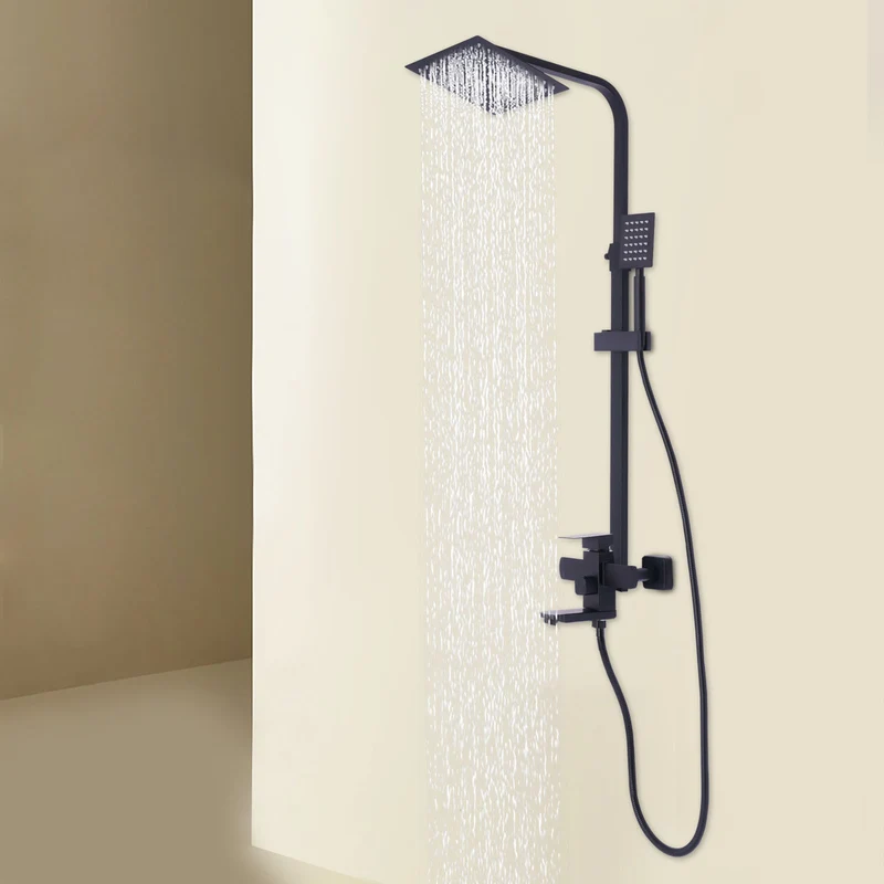 Colonne de douche noire carrée avec mitigeur et ciel de pluie