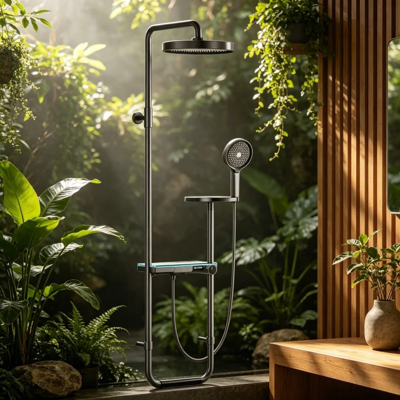 Colonne de douche noire avec tablette en verre et ciel de pluie rond