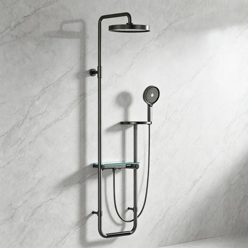Colonne de douche noire avec tablette en verre et ciel de pluie rond