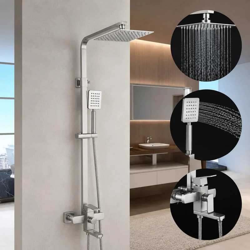 Colonne de douche en inox avec ciel de pluie carré et mitigeur bain