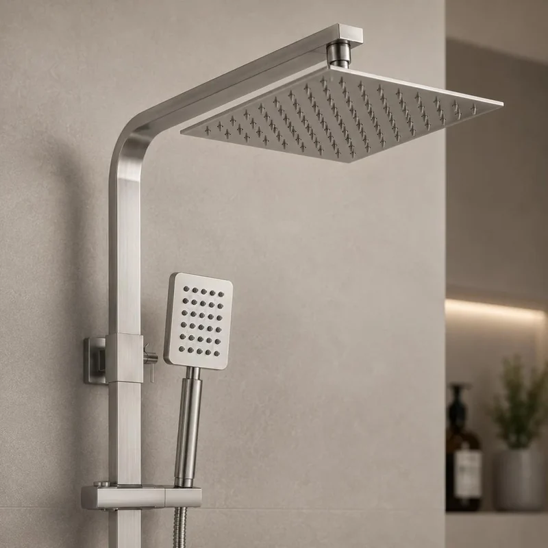 Colonne de douche en inox avec ciel de pluie carré et mitigeur bain